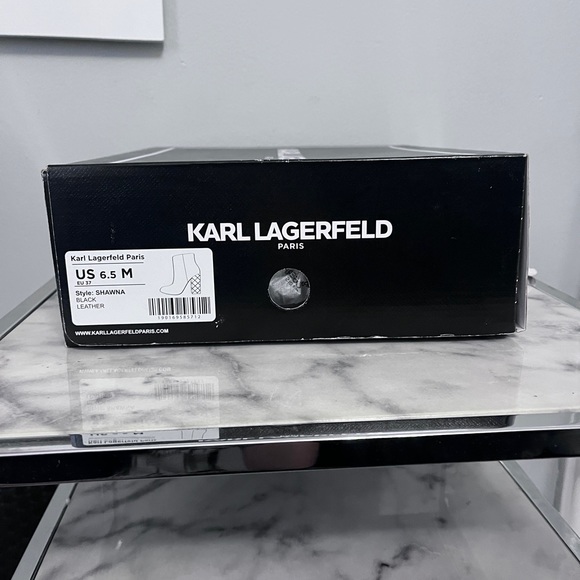 Karl Lagerfeld Shawna Black Suede Bootie With Clear Lucite Heel and Gold Design - Picture 7 of 7